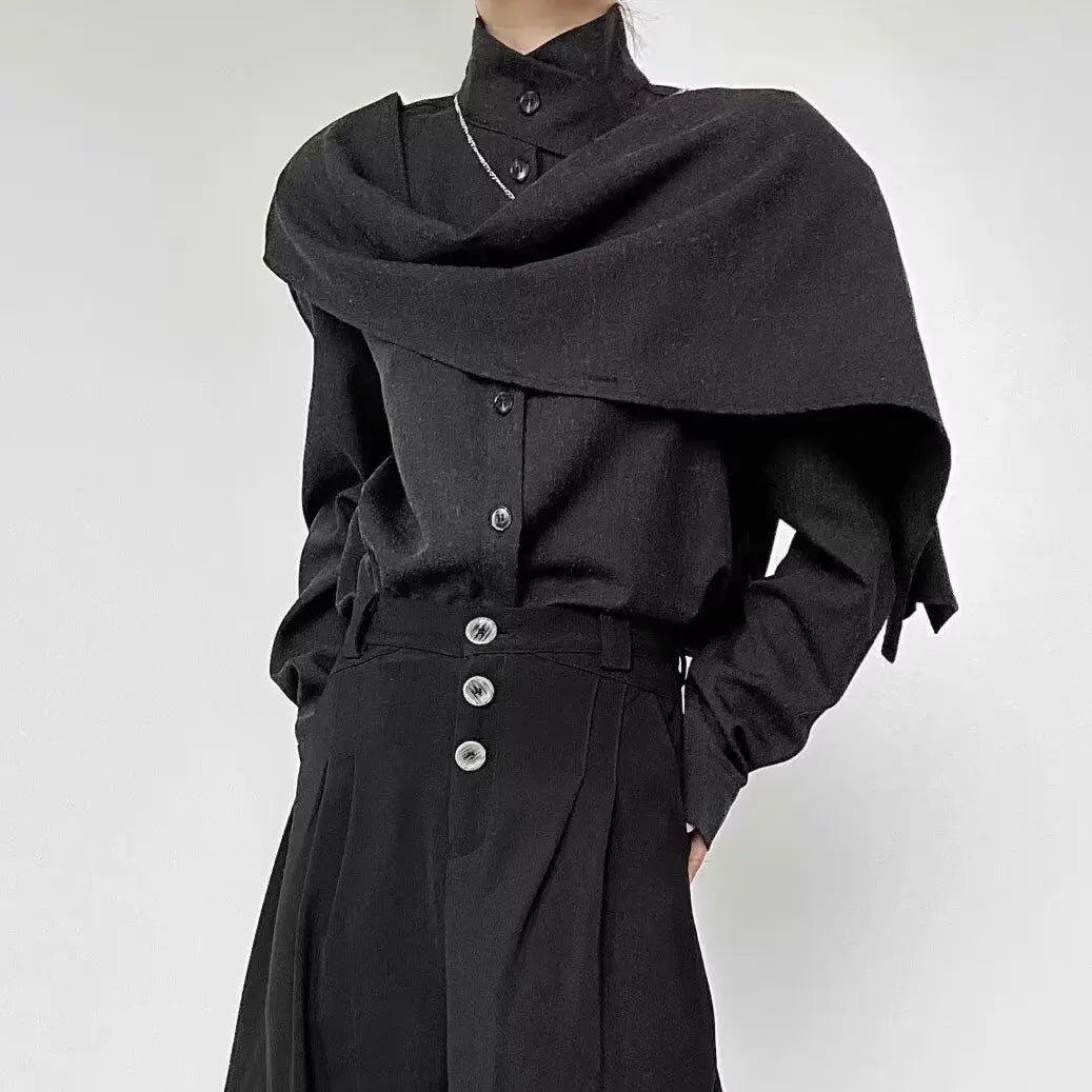Voguable  Men French Stand Collar Shirt Irregular Artistic Design Style Casual Loose Tops Fashion Trend Office Wear Streetwear Retro voguable