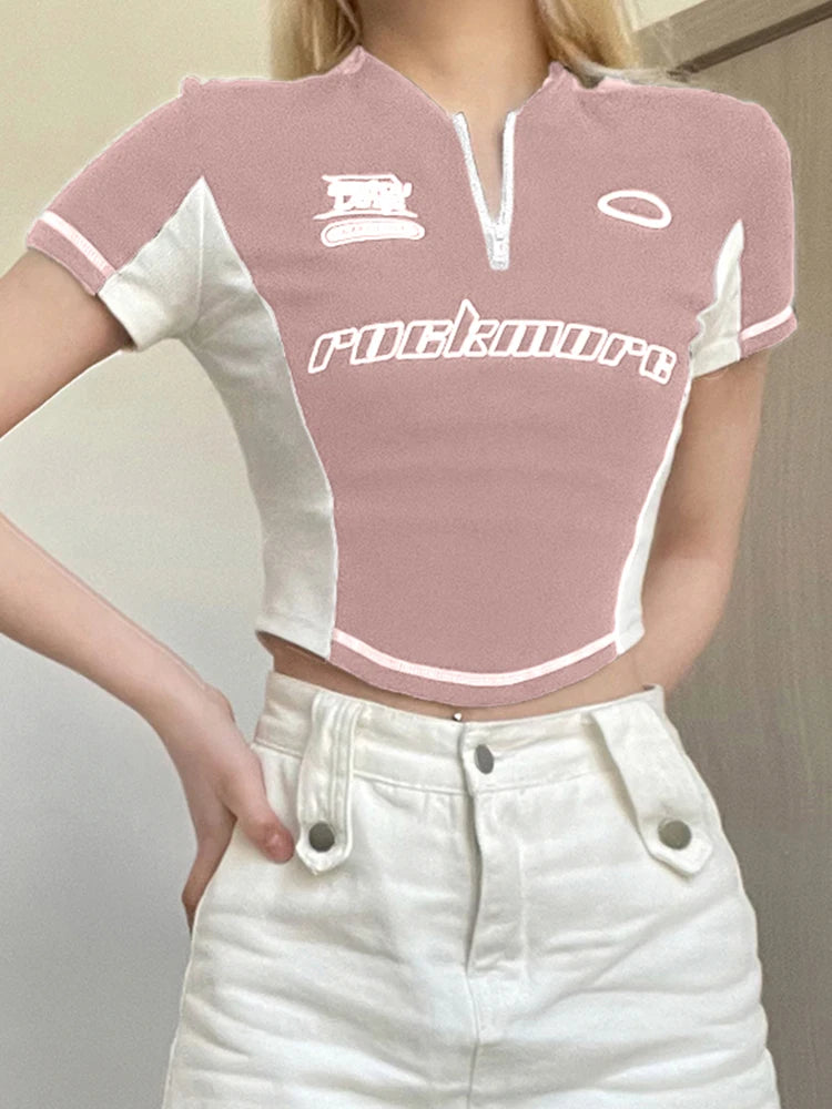 Voguable Techwear Stitching Printing T-shirt Fashion Zipper V-neck Top Streetwear Cool Hot girls Summer Short Sleeve Clothes voguable