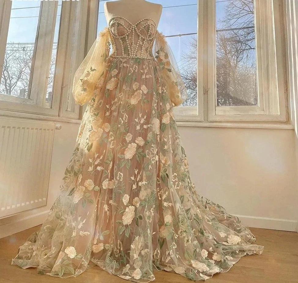 Voguable  Handmade Pearl Beading Prom Dress Princess Puffy Sleeve Evening Dresses Off Shoulder Party Dresses Robe voguable
