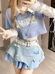 Korean Fashion Hotsweet Vintage Contrast Stitching Mini Denim Skirt Women Summer High Waisted Slim Jeans Skirt Y2K Streetwear