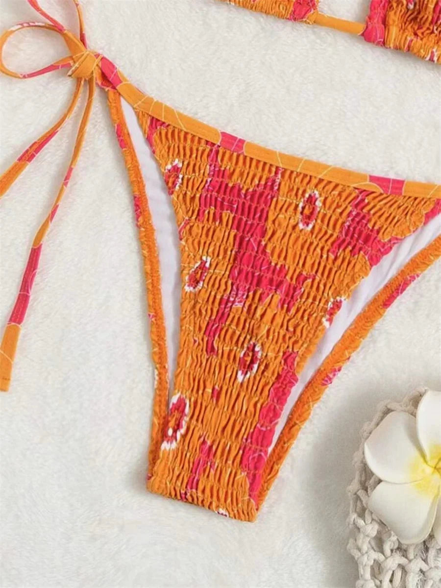 Voguable Sexy Band 3 Piece Bikini Set Women Orange Floral Print Pleate Push Up Micro Swimwear 2024 Bathing Suit Tie Side Thong Swimsuit voguable