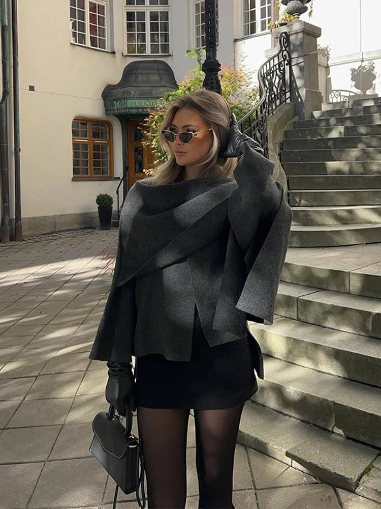 2024 New Fashion Scarf Collar Woolen Jackets For Women Elegant Long Sleeved Side Split Casual Coats Female Chic Autumn Overcoats voguable