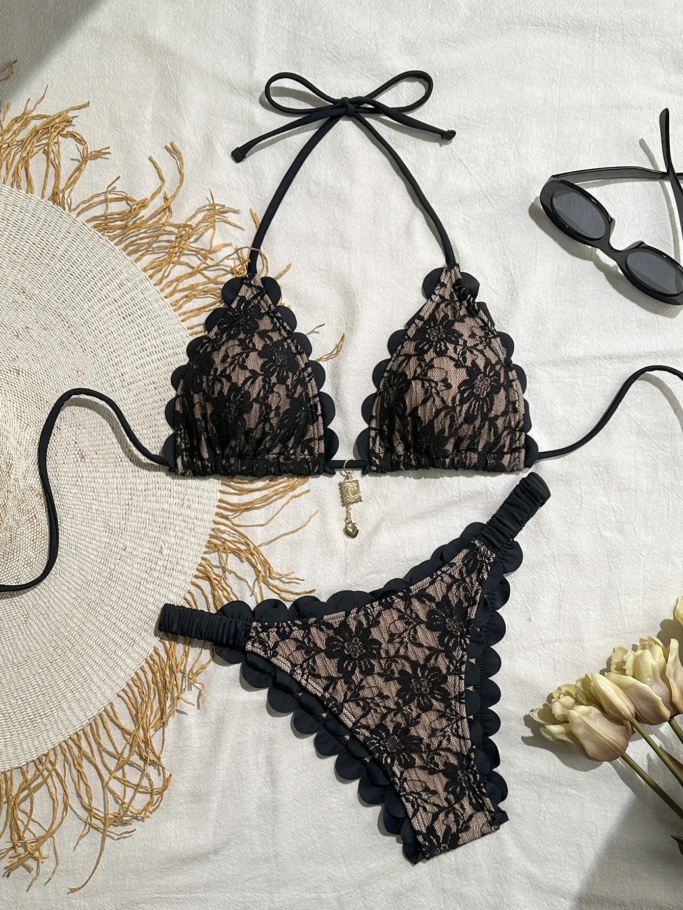 Voguable  Sexy Black Lace Micro Bikini Women Metal Ornament Ruffles Push Up Bra Thong Swimwear Summer Bathing Suit Holiday Swimsuit voguable