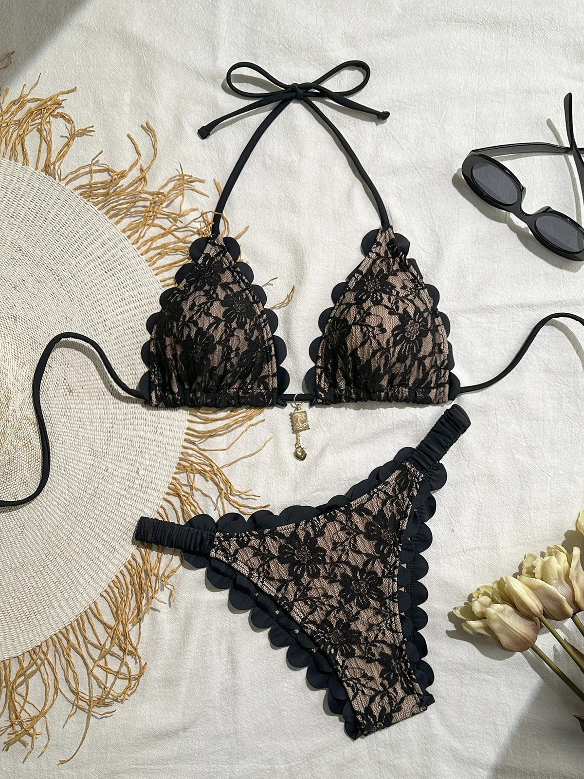 Voguable  Sexy Black Lace Micro Bikini Women Metal Ornament Ruffles Push Up Bra Thong Swimwear Summer Bathing Suit Holiday Swimsuit voguable