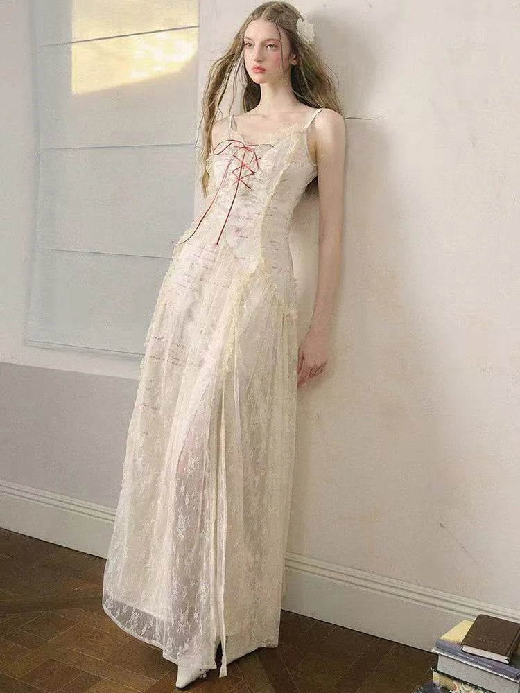 Elegant Lace Patchwork Camis Dress Women Summer Sexy Backless Hollow Out Midi Dress Y2K Fashion Lace Up Streetwear Vestidos voguable
