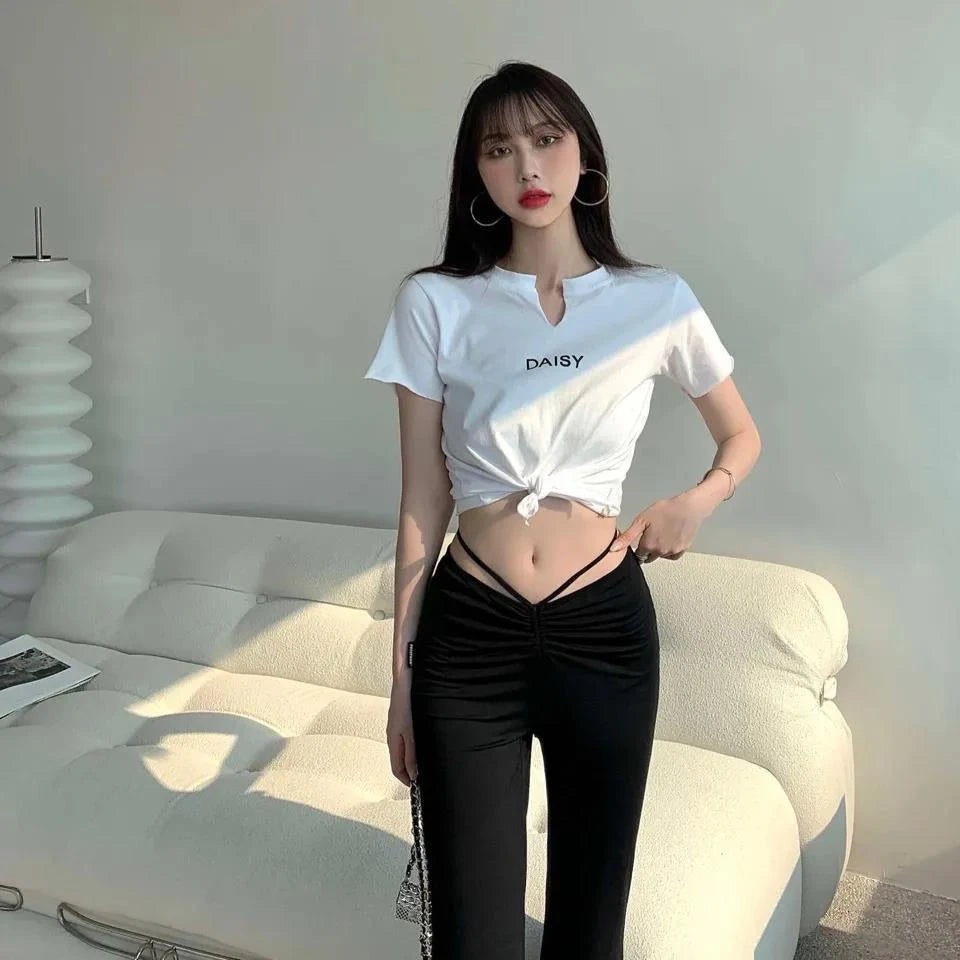Spring and Autumn High-waist Design Drawstring Long Trousers for Women Slimming Draped Black Floor Wide-leg Bell-bottom Pants voguable