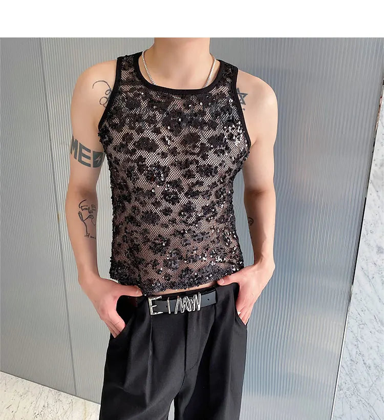 Voguable Sequin Splicing See-through Design Sexy Trendy Sleeveless Vest Original Personality Stylish Street Men's Tank Tops voguable