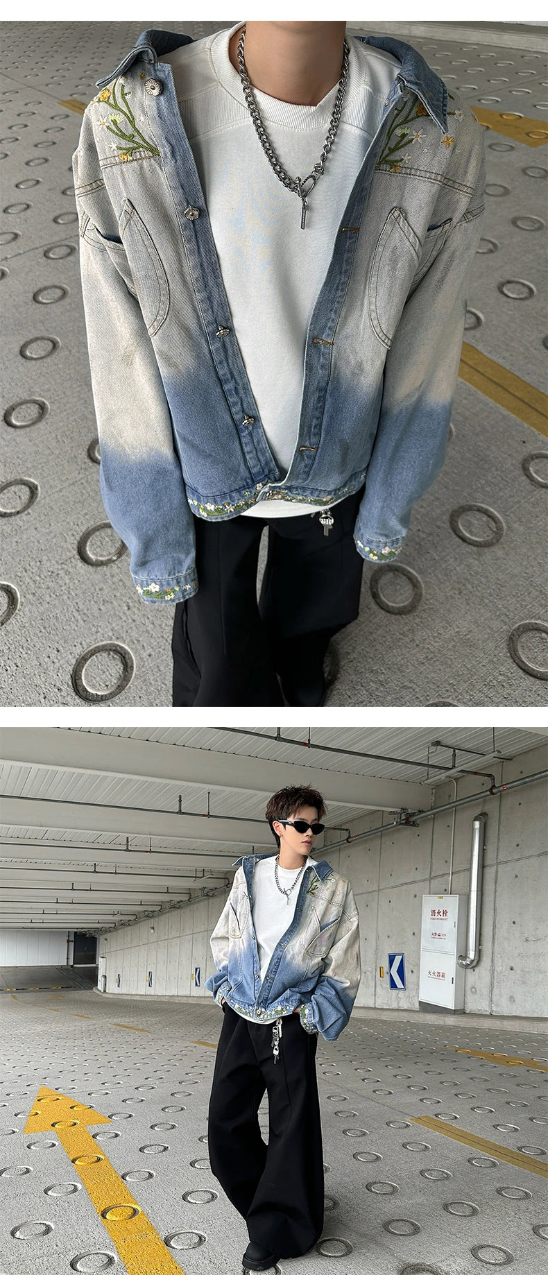 American Gradient Floral Embroidered Denim Jackets Men Women Korean Version Heavy Loose Tops Trendy Design Jackets Aesthetic voguable