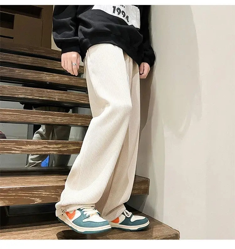 Autumn Corduroy Straight Trousers Men Loose Solid Casual Drape Trousers Harajuku Fashion Drawstring Street Wide Leg Sweatpant voguable