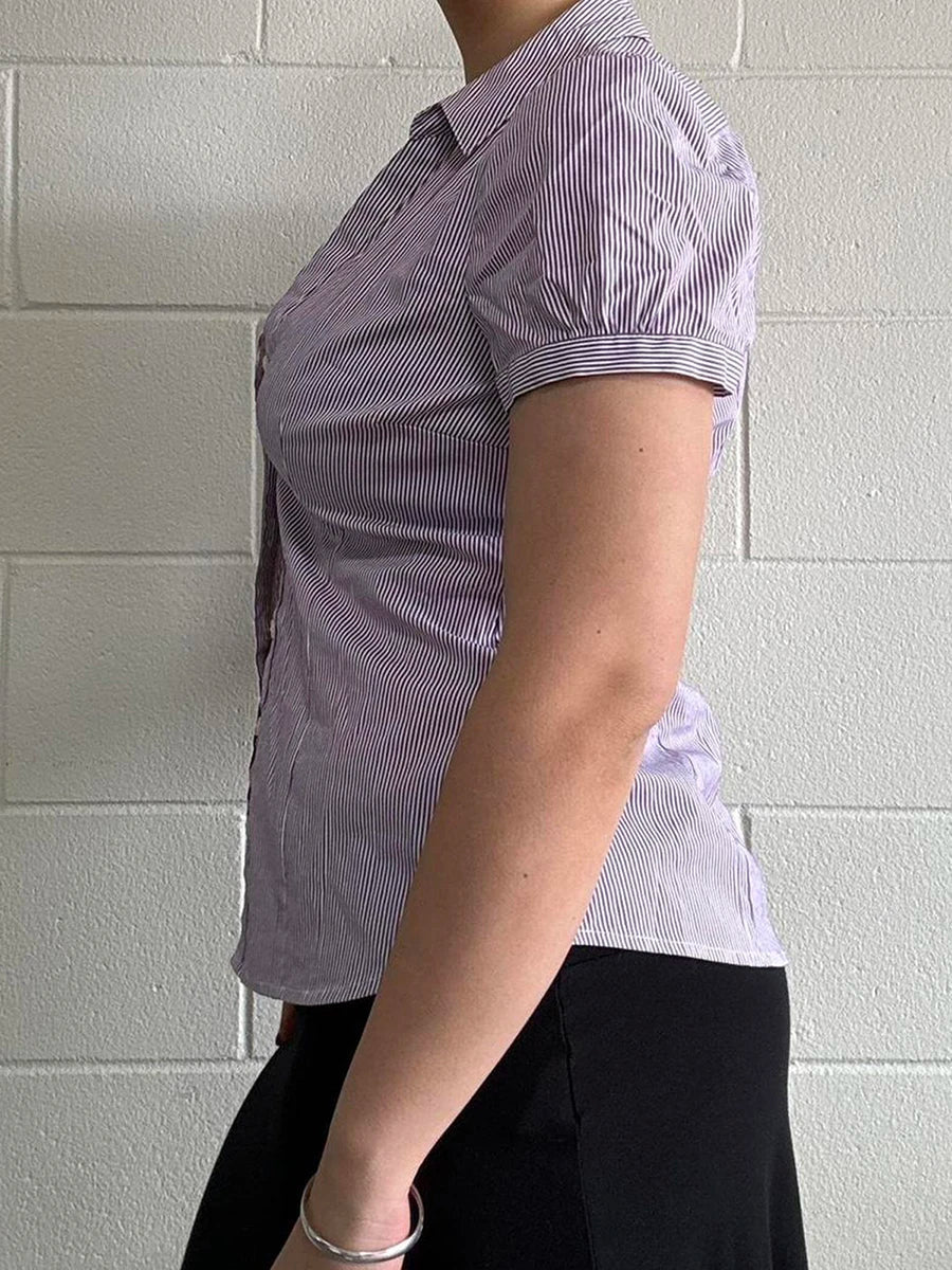 Women s Striped Short Sleeve Shirt with Turn Down Collar and Button Down Detail - Stylish Summer Blouse for Casual Streetwear voguable