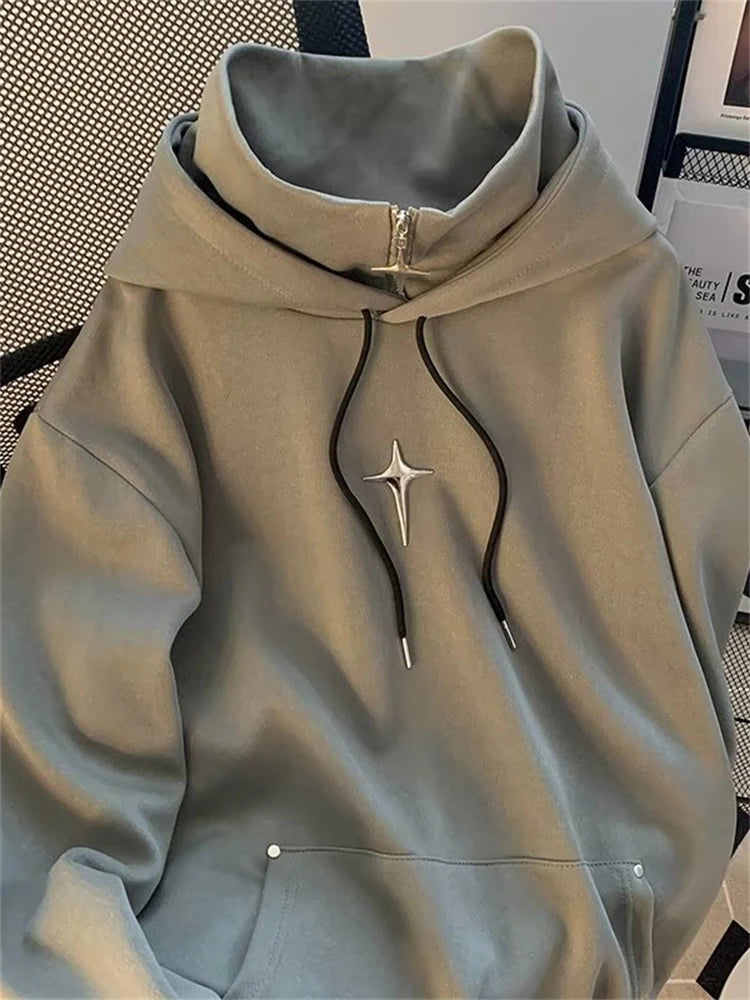 Voguable  Autumn Winter High Neck Hoodie Men Casual Trendy Sporty Japanese Retro Cool Teenage Fashionable Jacket Loose Fit Hooded voguable