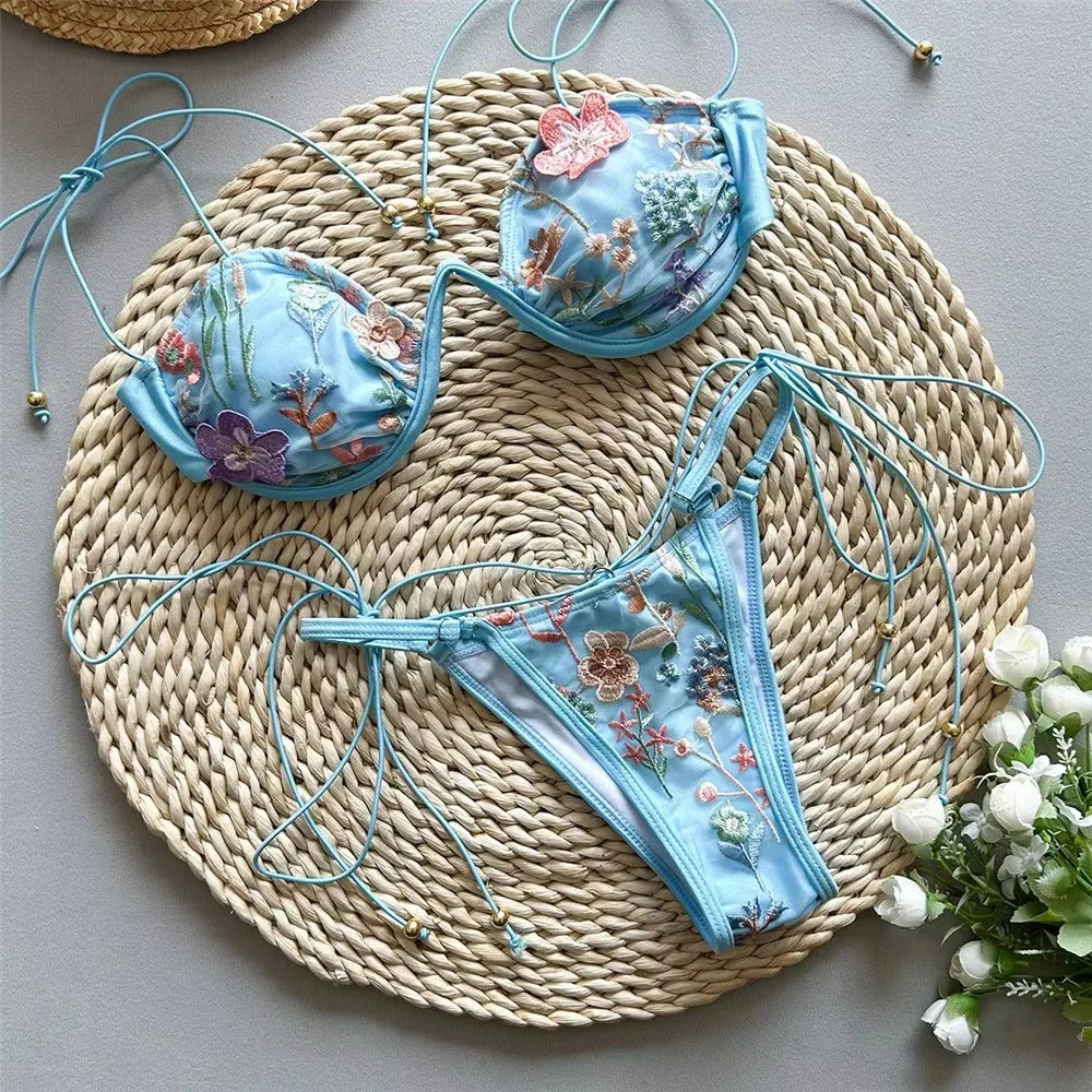 Voguable  Beige Shiny Flower Embroidery Swimwear Thong Micro Push Up Bikini Set Sexy Swimsuit Women Bathing Suit String Bikinis Mujer voguable