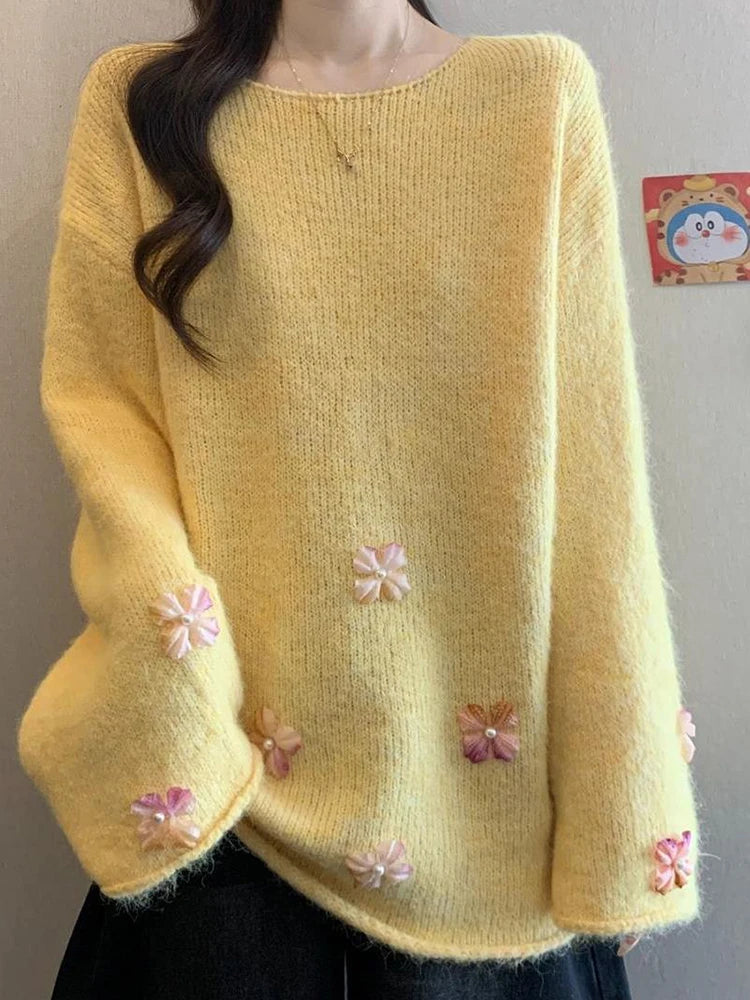Sweet Floral Chic Sweater Women O Neck Cute Long Sleeve Knitted Jumpers Fashion Preppy Style Loose Lazy Wind Lady Fall Pullover voguable