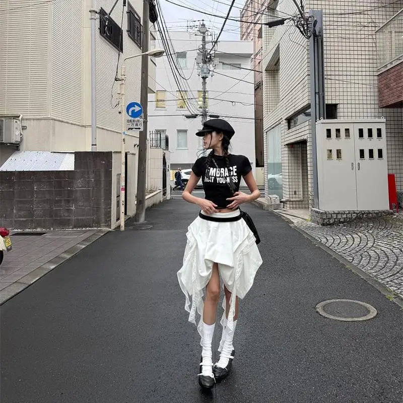 Korean Style Irregular Skirt Women Vintage Elegant White Ruffle Skirt Lace Patchwork Summer Layered Midi Skirts Street voguable