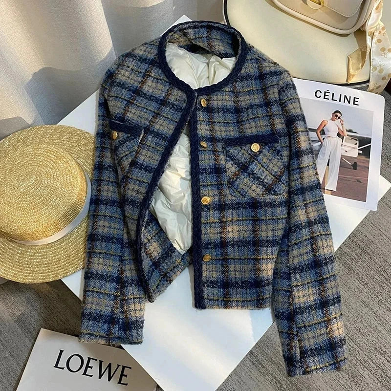 Thick Warm Elegant Tweed Jacket Women Slim Vintage Long Sleeve Winter Coat Korean Casual O Neck Female Retro Sweet Tops New voguable