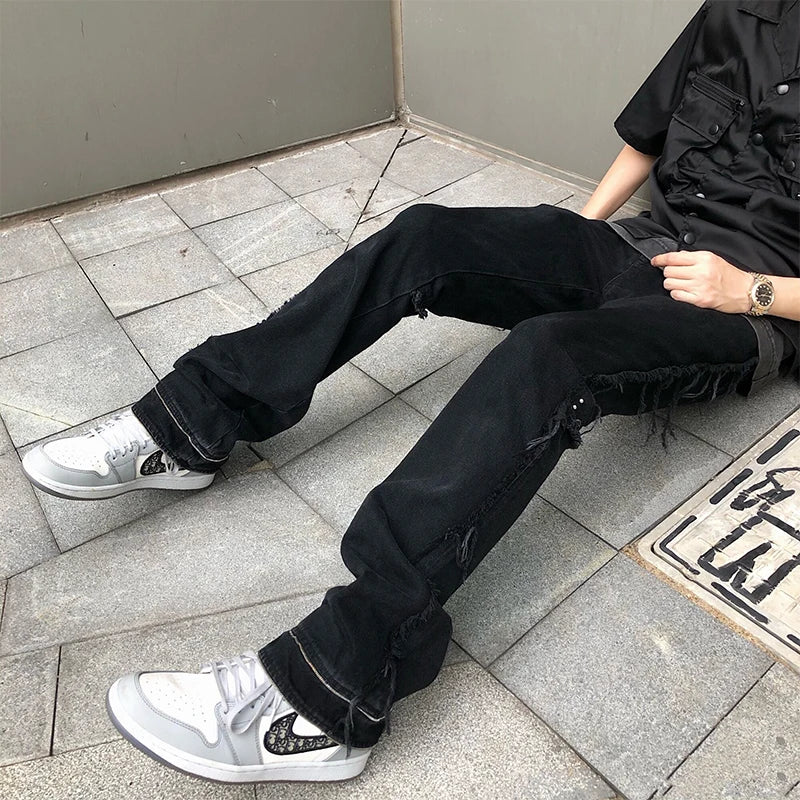 Harajuku Ripped Washed Streetwear Mens and Womens Jeans Pants Straight Distressed Hip Hop Casual Flare Denim Trousers