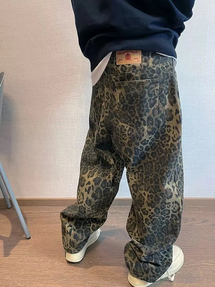 Autumn Tan Leopard Jeans Men Denim Pants Male Oversize Wide Leg Trousers Streetwear Hip Hop Vintage Loose Casual Animal Print voguable