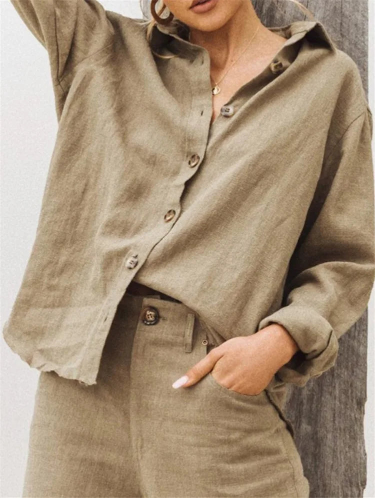 Voguable  Fashion Solid Color Loose Fit Simple Versatile Casual Women's Shirt Turn-dowen Collar Button Lightweight Long Sleeved Shirt New voguable