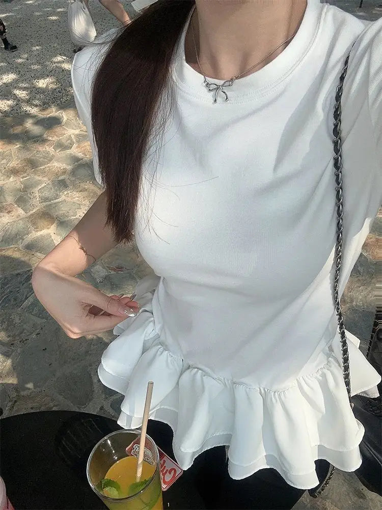 Women Patchwork Fringed Ruffles O-neck Cotton Tshirt Womans Summer Clothes Elegant Solid Shirt Women Slimming Short Sleeve Tee voguable