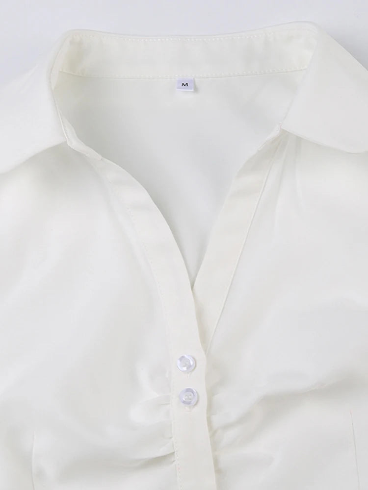 Solid Shirring Button Up Turn Down Collar Short Sleeve White Shirts Women Simple Casual Summer Clothes voguable
