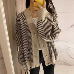 Women's Sweater Button Down V-Neck Striped Cardigan Knitted Tops Single Breasted Autumn Winter Casual Chic Knitwear Outfit voguable