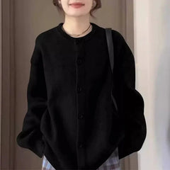 Voguable  American Retro Cardigan Sweater Jacket Women's Autumn College Style Relaxed Versatile Black Knitted Top Winter voguable