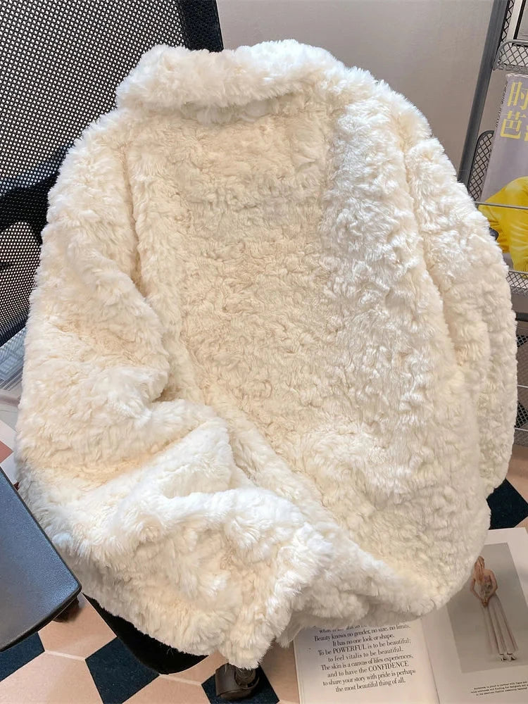 Warm Faux Lamb Cute Coat Women Sweet Long Sleeve Winter Thick Jacket Casual Pockets Japan Kawaii Loose Soft Vintage Tops voguable