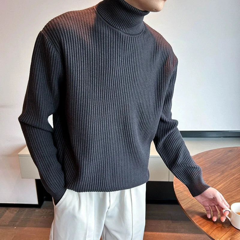 New Korean Retro Men Basic Sweater Luxury Knit Solid Color Turtleneck Long Sleeve Pullover Casual Textured High Quality Knitwear voguable
