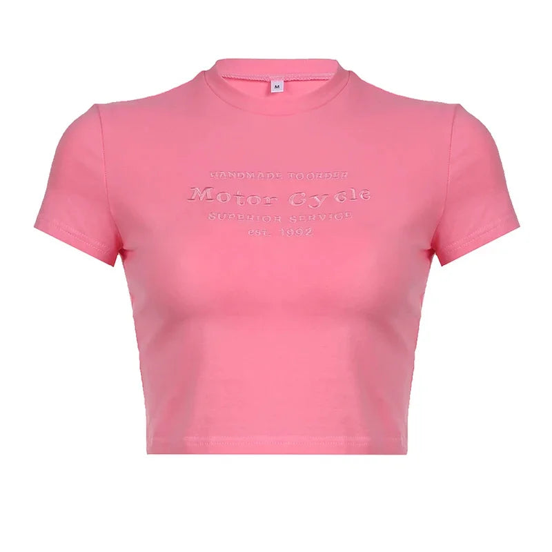 Voguable Letter Embroidery Cropped Top Pink Sweet Aesthetic T Shirt Short Sleeve Casual Tees Korean Fashion Gentle Mature Tops voguable