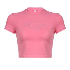 Voguable Letter Embroidery Cropped Top Pink Sweet Aesthetic T Shirt Short Sleeve Casual Tees Korean Fashion Gentle Mature Tops voguable