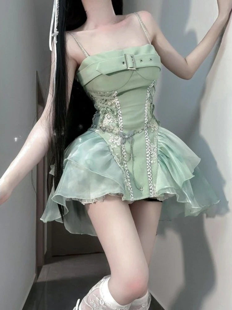 Voguable  Summer Sweet Lace Sleeveless Dress Women Ruffle Cute Skinny Backless Dresses Female Strappy Kawaii A Line Party Beach Clothing voguable