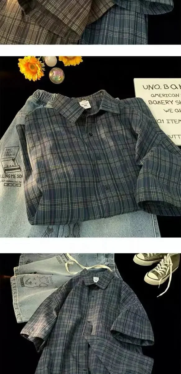Japanese Vintage Plaid Short Sleeve Shirt Men's Streetwear Loose Fit Casual Stylish Versatile Half Sleeve Underwear voguable