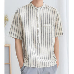 Voguable  Men Clothing Trendy Japanese Style Vintage Striped Print Short Sleeve Shirt Summer Simple Casual Stand Collar Loose Cotton Tops voguable
