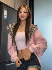 Leopard Vintage Pink Hoodies Women Loose Hip Hop Streetwear Y2K Sweatshirt American Casual Fall Winter Long Sleeve New Tops voguable