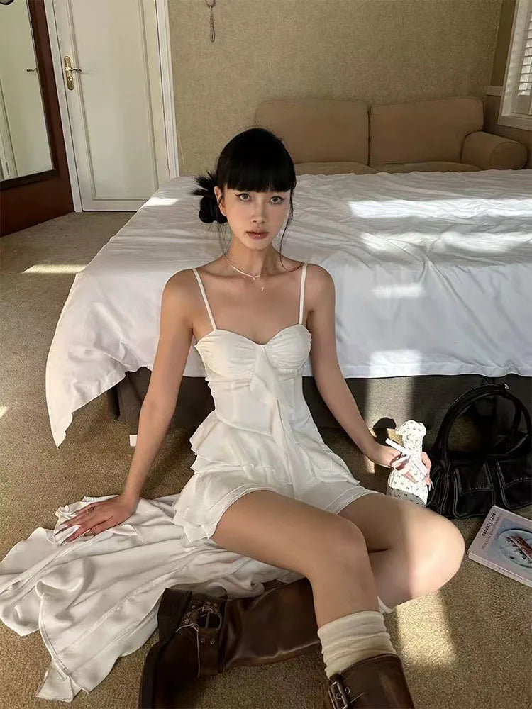 Y2K Streetwear Lace Camisole Dress Women Aesthetic Ruffle Slim Irregular Midi Dress Summer Club Party All Match Ladies Vestidos voguable