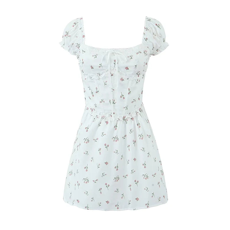 Women Sexy Elegant Pink Mini Dress Vintage Puff Sleeve Slim Low Waist Holiday Party Dresses Lacing Up Back Summer Robe voguable