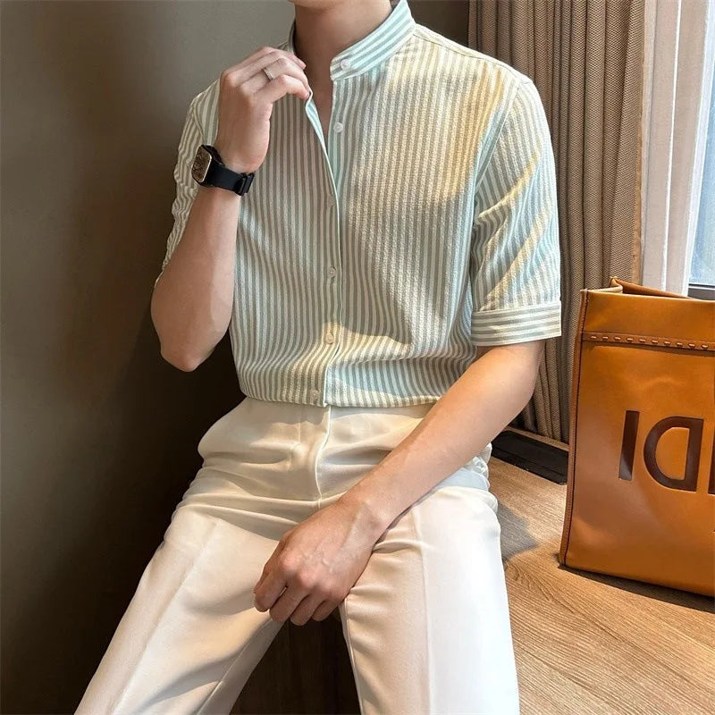 New Fashion Striped Stand Collar Men Shirts Luxury Casual Textured Half Sleeve Cardigan Tops Summer Business Slim-fit Blouse voguable
