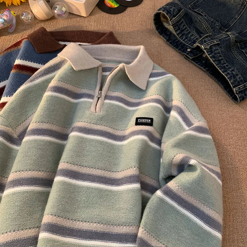 Voguable  Japan Men's Y2K Knitted Warm Polo Knit Striped Turtleneck Sweater Shirts Winter Streetwear Knitwear Korean Clothes Jumper Men voguable