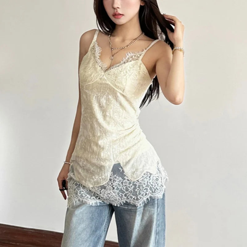 Lace Patchwork V-Neck Camis Women Y2K Summer Sexy Spaghetti Straps Sleeveless Tank Korean Fashion Irregular Female Vest voguable