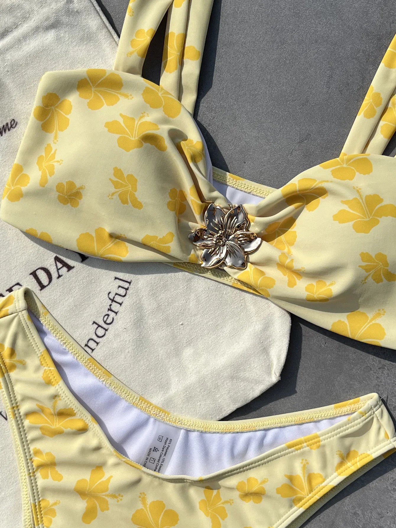 Voguable  Sexy Yellow Floral Print Bikini Set Women Metal 3D Flower Pleate Push Up High Waist Swimsuit Summer Bathing Suit Swimwear voguable