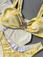 Voguable  Sexy Yellow Floral Print Bikini Set Women Metal 3D Flower Pleate Push Up High Waist Swimsuit Summer Bathing Suit Swimwear voguable
