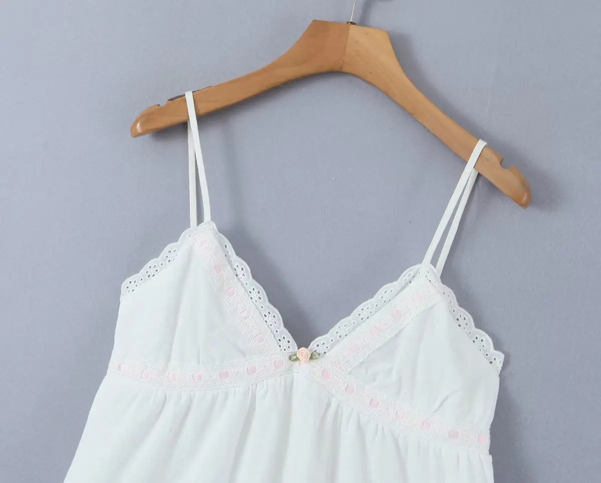 Voguable  New  Women Lace Trim V Neck White Sling Mini Dress Sexy Backless Bow Female Holiday Party Summer Dresses Skater Robe voguable