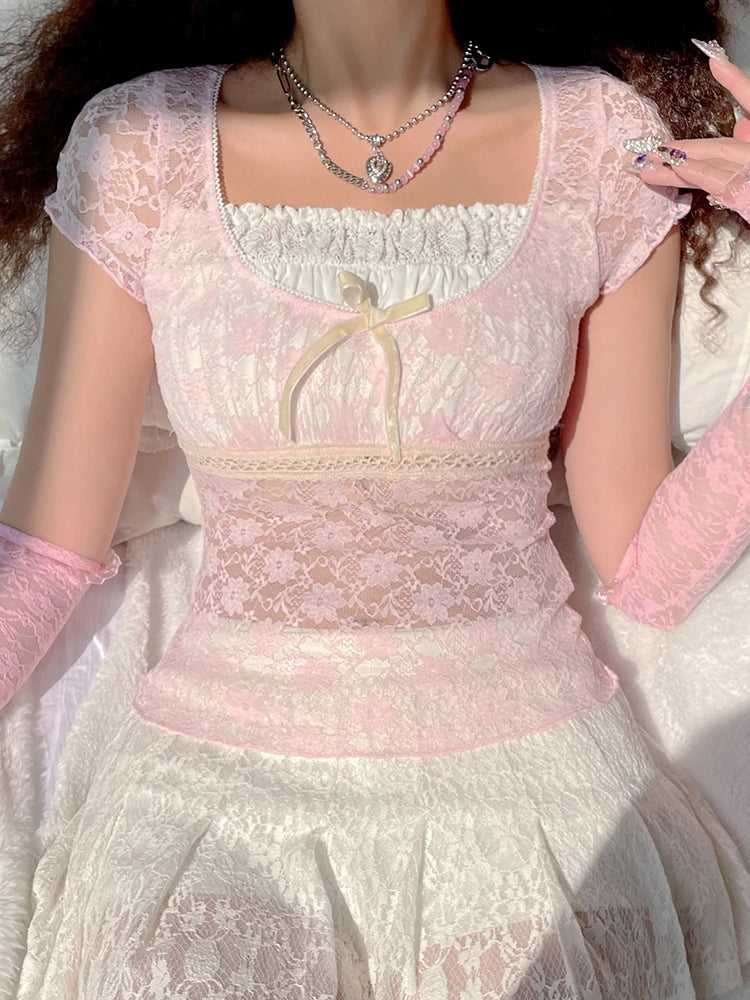 Voguable  Bow Patchwork Lace Crop Top Y2K Aesthetic T-shirt Short Sleeve Kawaii Clothes Lolita Style Cute Pullovers Fairycore Tee voguable