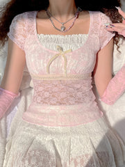 Voguable  Bow Patchwork Lace Crop Top Y2K Aesthetic T-shirt Short Sleeve Kawaii Clothes Lolita Style Cute Pullovers Fairycore Tee voguable