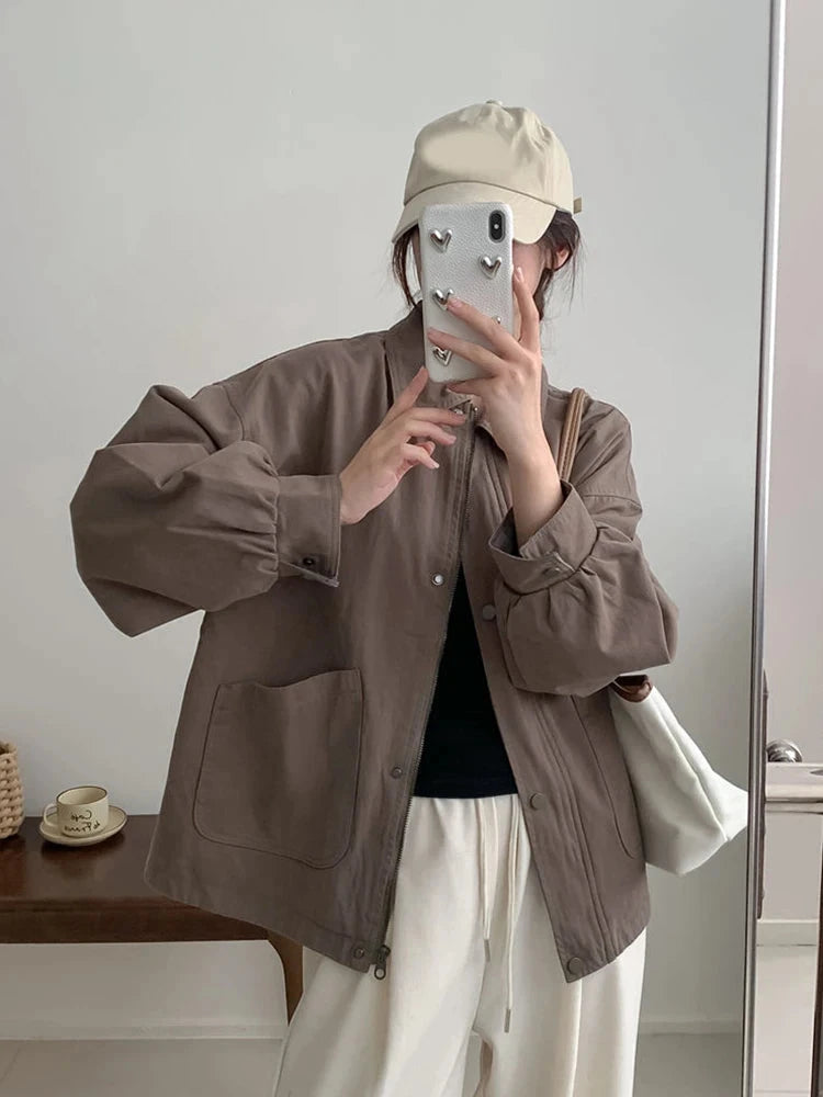 Fall Women Cargo Jacket Loose Preppy Style Long Sleeve Vintage Coat Casual Big Pockets American Retro Solid Bf Outwear Tops voguable