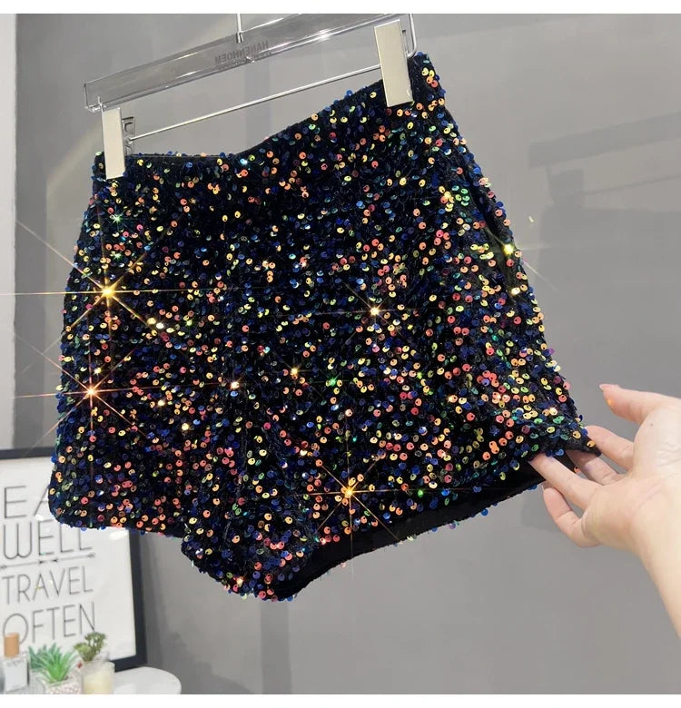 Voguable  Europe and America Sequined Black Shorts Slim Suede Embroidered Beads Grey Casual Pants Women's Hot Pants voguable