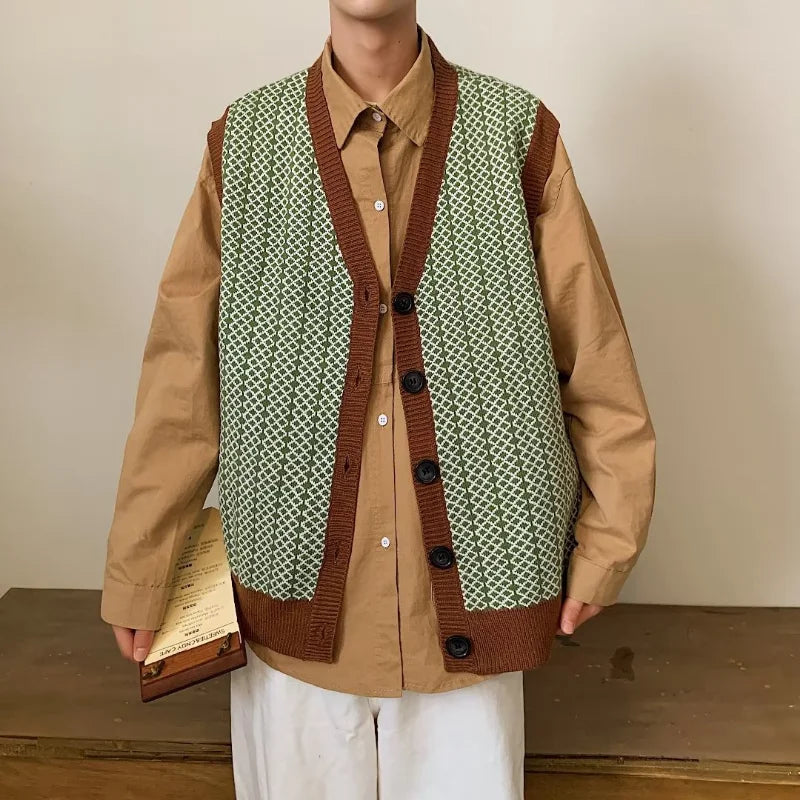 Sweater Vest Men Retro Handsome Knitwear High Street Fashion Clothing Harajuku All-match Autumn Cool Teens V-neck Kpop Japanese voguable
