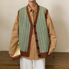 Sweater Vest Men Retro Handsome Knitwear High Street Fashion Clothing Harajuku All-match Autumn Cool Teens V-neck Kpop Japanese voguable