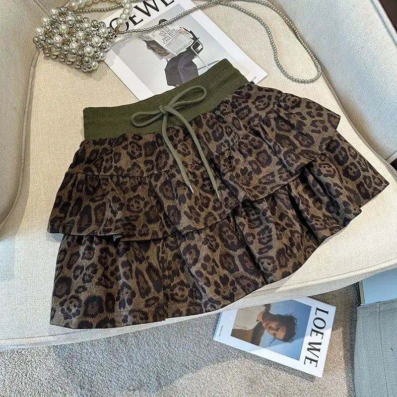 American Leopard Print Women Fluffy Skirts Y2K Summer High Waist Ruffles Mini Skirts Fashion Sweet Preppy All Match A Line Skirt voguable