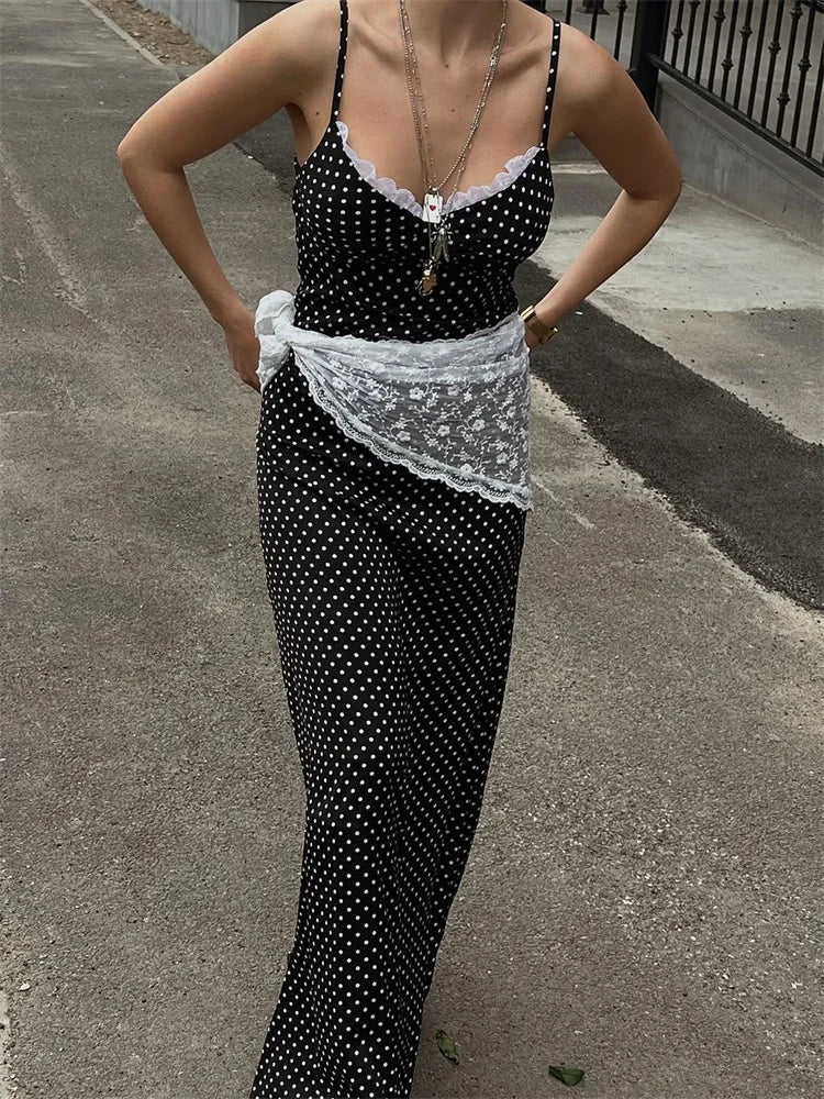 Lace Patchwork Printed Long Dress For Women Summer Slim Fashion V-Neck Spaghetti Backless Dress Female Halter Dresses voguable